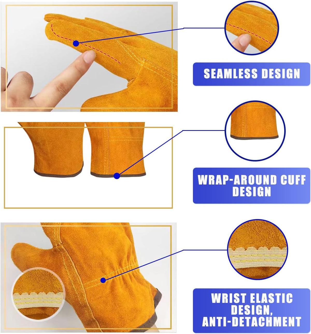 Short Welding Gloves, Fire/Heat Resistant Work Gloves for Animal Handling, Forge, Fireplace, BBQ, Construction, Gardening, Oven, Furnace, Stove, Pot Holder, Industry Cutting, Large Size