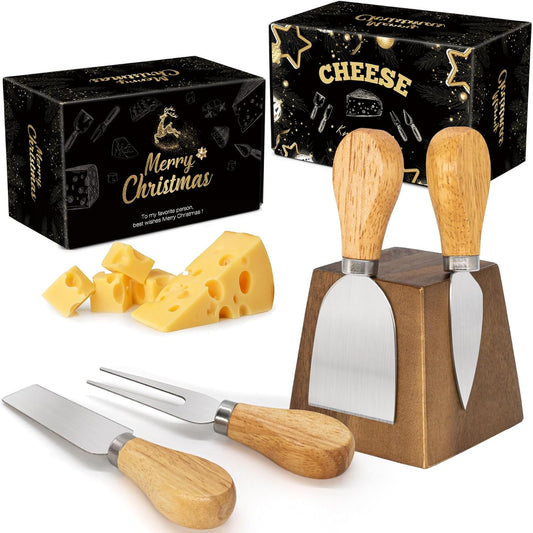 Cheese Knife Set for Charcuterie - 4 Small Stainless Steel Cheese Knives and Fork with Magnetic Acacia Wood Holder - Charcuterie Board Accessories