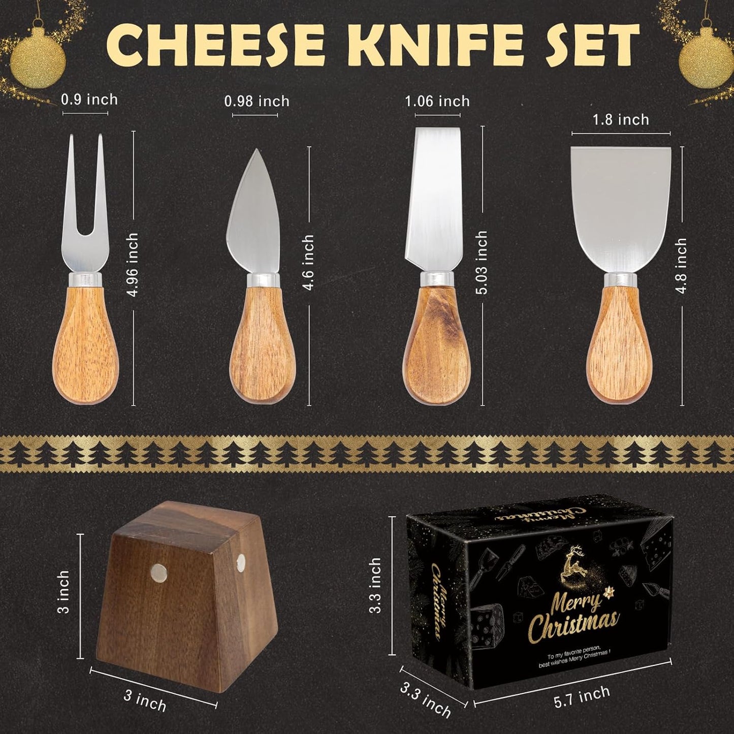 Cheese Knife Set for Charcuterie - 4 Small Stainless Steel Cheese Knives and Fork with Magnetic Acacia Wood Holder - Charcuterie Board Accessories