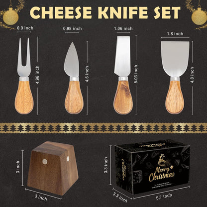 Cheese Knife Set for Charcuterie - 4 Small Stainless Steel Cheese Knives and Fork with Magnetic Acacia Wood Holder - Charcuterie Board Accessories