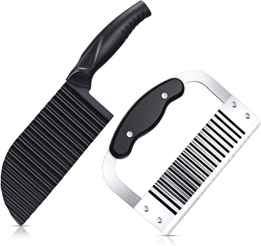 2 Pcs Crinkle Cutter Set for Potato Vegetable French Fry, Stainless Steel Blade Wavy Slicer, Wavy Crinkle Cutting Tool Salad Chopping Knife Soap Fruit French Fry Slicer(Plastic Handle,Black)