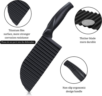 2 Pcs Crinkle Cutter Set for Potato Vegetable French Fry, Stainless Steel Blade Wavy Slicer, Wavy Crinkle Cutting Tool Salad Chopping Knife Soap Fruit French Fry Slicer(Plastic Handle,Black)