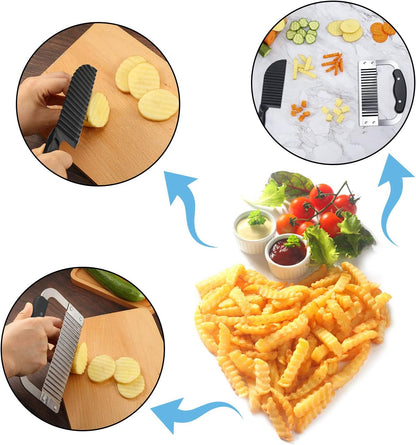 2 Pcs Crinkle Cutter Set for Potato Vegetable French Fry, Stainless Steel Blade Wavy Slicer, Wavy Crinkle Cutting Tool Salad Chopping Knife Soap Fruit French Fry Slicer(Plastic Handle,Black)