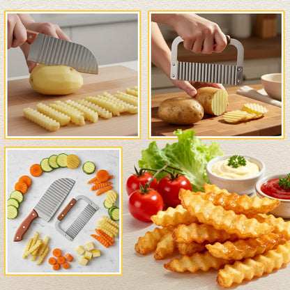 2 Pcs Crinkle Cutter Set for Potato Vegetable French Fry, Stainless Steel Blade Wavy Slicer, Wavy Crinkle Cutting Tool Salad Chopping Knife Soap Fruit French Fry Slicer(Plastic Handle,Black)
