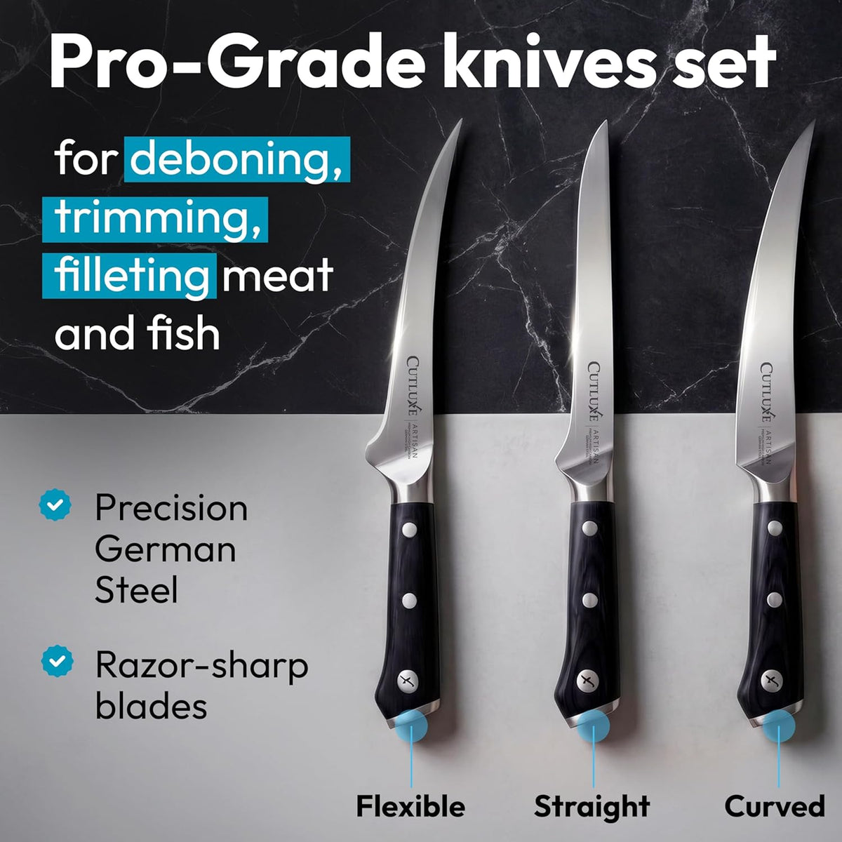 Boning Knife Set, 6" Straight, Curved & Flexible for Fish & Meat | Razor Sharp High Carbon German Steel, Full Tang Ergonomic Handles – Artisan Series, Deboning