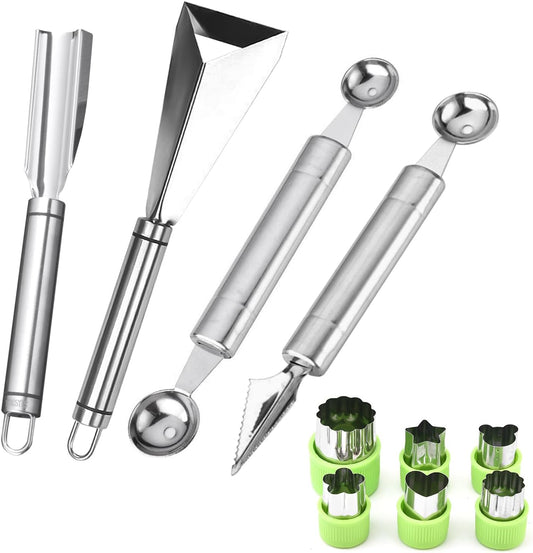 Fruit Carving Tools Set of 10 - Stainless Steel Vegetable Carving Knife, Melon Baller Scoop, Cutter Shapes Mold, DIY Knives for Home Kitchen