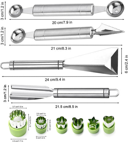 Fruit Carving Tools Set of 10 - Stainless Steel Vegetable Carving Knife, Melon Baller Scoop, Cutter Shapes Mold, DIY Knives for Home Kitchen