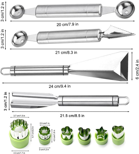 Fruit Carving Tools Set of 10 - Stainless Steel Vegetable Carving Knife, Melon Baller Scoop, Cutter Shapes Mold, DIY Knives for Home Kitchen