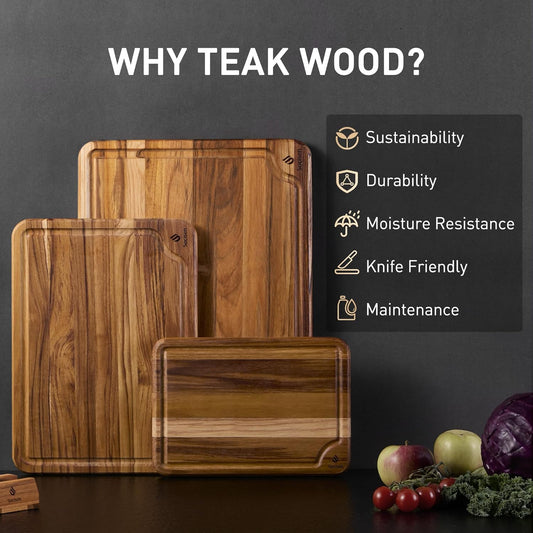 3 Pack Teak Wood Cutting Board Set for Kitchen Charcuterie Board Serving Heavy Duty Non Toxic Slip Over Sink Solid Thick Haus Wooden Chopping Board Large Big Small Meat Best Kitchen Mother Gift