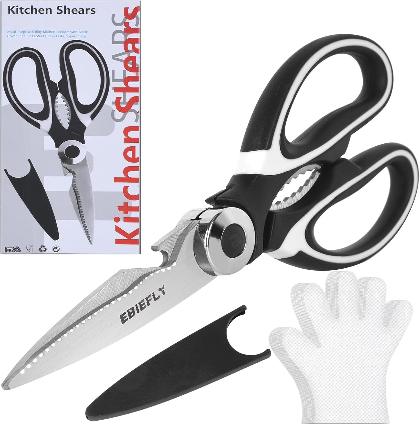 Kitchen Scissors Utility Chopping Scissor Professional Shears for Meat Cutting Sharp Kitchenaid Shears Multipurpose Scissor for Food Outdoor BBQ No Rust + 100 Pcs Plastic Gloves Disposable