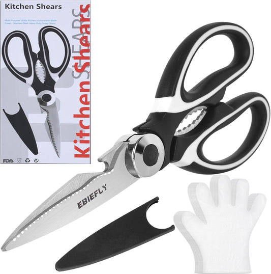 Kitchen Scissors Utility Chopping Scissor Professional Shears for Meat Cutting Sharp Kitchenaid Shears Multipurpose Scissor for Food Outdoor BBQ No Rust + 100 Pcs Plastic Gloves Disposable
