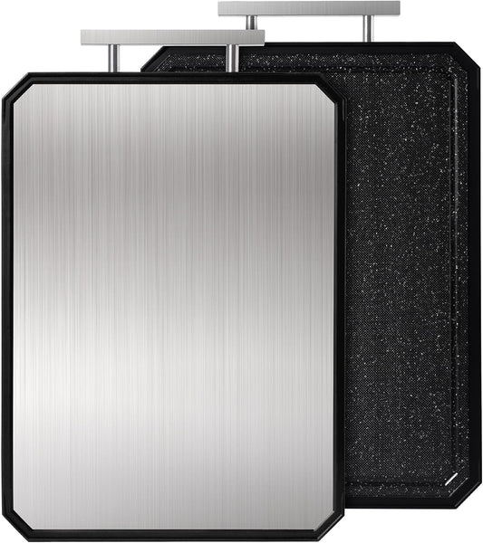 2 in 1 Stainless Steel Cutting Board with Handle Chopping Large Big Small Metal Carving Kitchen Meat Butcher Block no Titanium Wood Bamboo Glass Marble Stone Rubber Plastic Silicone Acrylic 15