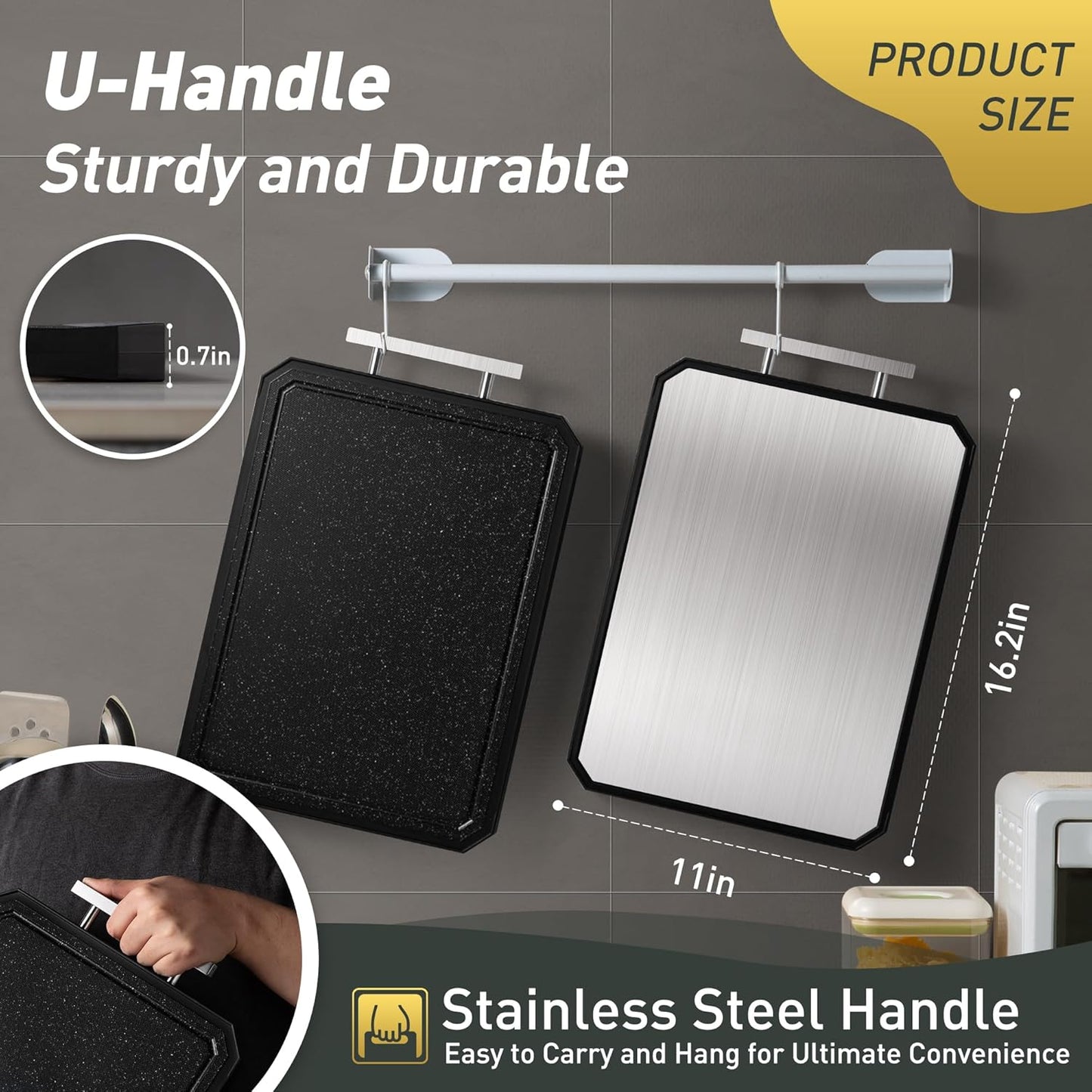 2 in 1 Stainless Steel Cutting Board with Handle Chopping Large Big Small Metal Carving Kitchen Meat Butcher Block no Titanium Wood Bamboo Glass Marble Stone Rubber Plastic Silicone Acrylic 15