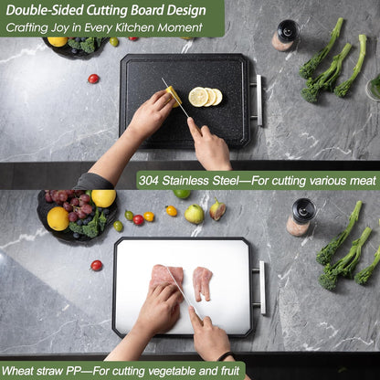 2 in 1 Stainless Steel Cutting Board with Handle Chopping Large Big Small Metal Carving Kitchen Meat Butcher Block no Titanium Wood Bamboo Glass Marble Stone Rubber Plastic Silicone Acrylic 15