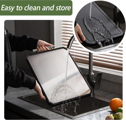 2 in 1 Stainless Steel Cutting Board with Handle Chopping Large Big Small Metal Carving Kitchen Meat Butcher Block no Titanium Wood Bamboo Glass Marble Stone Rubber Plastic Silicone Acrylic 15