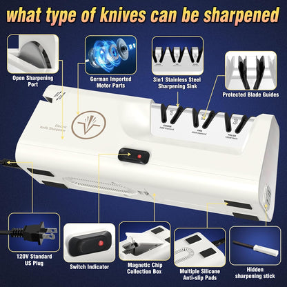 Professional Electric Knife Sharpeners with Diamond Abrasives and Precision Angle Guides, Multifunctional 4-Stage Slots and a hidden Knife Sharpener Rod, Suitable for various knives, scissors, axes