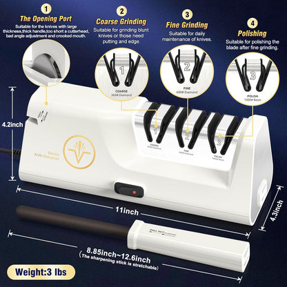 Professional Electric Knife Sharpeners with Diamond Abrasives and Precision Angle Guides, Multifunctional 4-Stage Slots and a hidden Knife Sharpener Rod, Suitable for various knives, scissors, axes