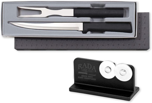 Carving Gift Set (G213) + Sharpener, Black Handle | 2-Piece Knife Set with Quick Edge Sharpener (R119), Stainless Steel Blades, Black Resin Handle