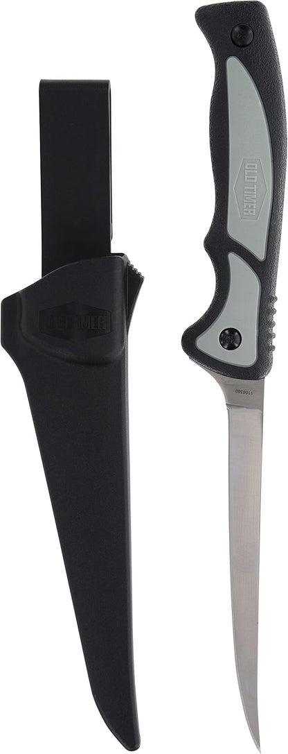 Trail Boss Fillet Knife 7.5in with Stainless Steel Fixed Blade, Full Tang Construction, Ergonomic Handle, TPE Non-Slip Grip, and Custom Molded Sheath for Fishing, Filleting, and Outdoors