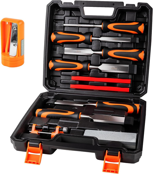 11PCS Wood Chisel Sets((1/4", 1/2", 3/4", 1", 1-1/4", 1-1/2") | Cr-V bevel edge chisels, with honing guide, sharpening stone, carpenter pencils& sharpener, great for home woodworker/DIY use
