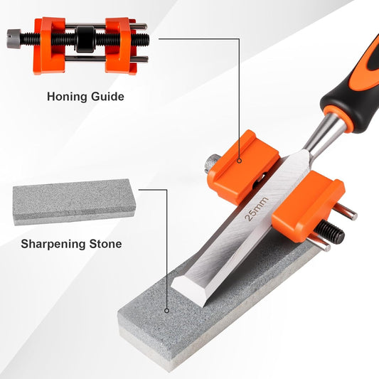 11PCS Wood Chisel Sets((1/4", 1/2", 3/4", 1", 1-1/4", 1-1/2") | Cr-V bevel edge chisels, with honing guide, sharpening stone, carpenter pencils& sharpener, great for home woodworker/DIY use
