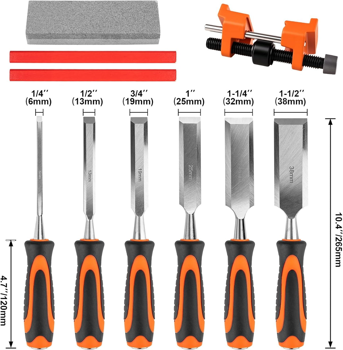 11PCS Wood Chisel Sets((1/4", 1/2", 3/4", 1", 1-1/4", 1-1/2") | Cr-V bevel edge chisels, with honing guide, sharpening stone, carpenter pencils& sharpener, great for home woodworker/DIY use
