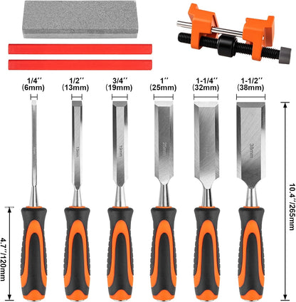 11PCS Wood Chisel Sets((1/4", 1/2", 3/4", 1", 1-1/4", 1-1/2") | Cr-V bevel edge chisels, with honing guide, sharpening stone, carpenter pencils& sharpener, great for home woodworker/DIY use