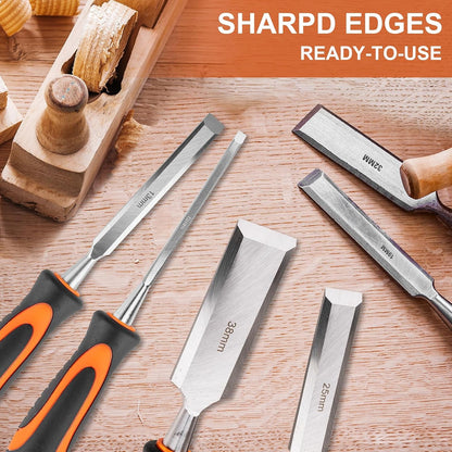 11PCS Wood Chisel Sets((1/4", 1/2", 3/4", 1", 1-1/4", 1-1/2") | Cr-V bevel edge chisels, with honing guide, sharpening stone, carpenter pencils& sharpener, great for home woodworker/DIY use