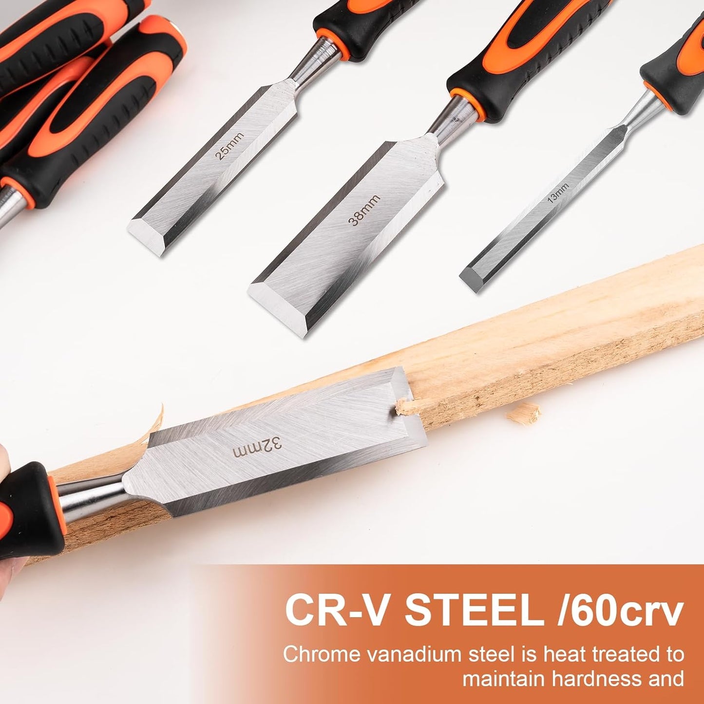 11PCS Wood Chisel Sets((1/4", 1/2", 3/4", 1", 1-1/4", 1-1/2") | Cr-V bevel edge chisels, with honing guide, sharpening stone, carpenter pencils& sharpener, great for home woodworker/DIY use