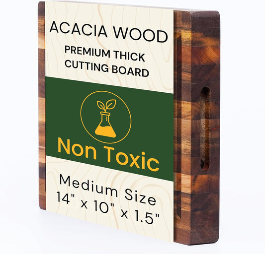 Premium Acacia Wood Butcher Block Cutting Board, 14" x 10" x 1.5" Thick Edge Grain with Deep Juice Groove, Solid Hardwood Serving Platter, Non-Toxic & BPA Free by New M Way