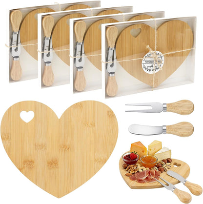 4 Set Bridal Baby Shower Favor, Heart Shape Charcuterie Board, Small Cheese Board with Knife and Fork, Small Bamboo Heart Cutting Board for Guest Bridal Baby Shower Prize Wedding Birthday Valentines