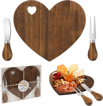 4 Set Bridal Baby Shower Favor, Heart Shape Charcuterie Board, Small Cheese Board with Knife and Fork, Small Bamboo Heart Cutting Board for Guest Bridal Baby Shower Prize Wedding Birthday Valentines