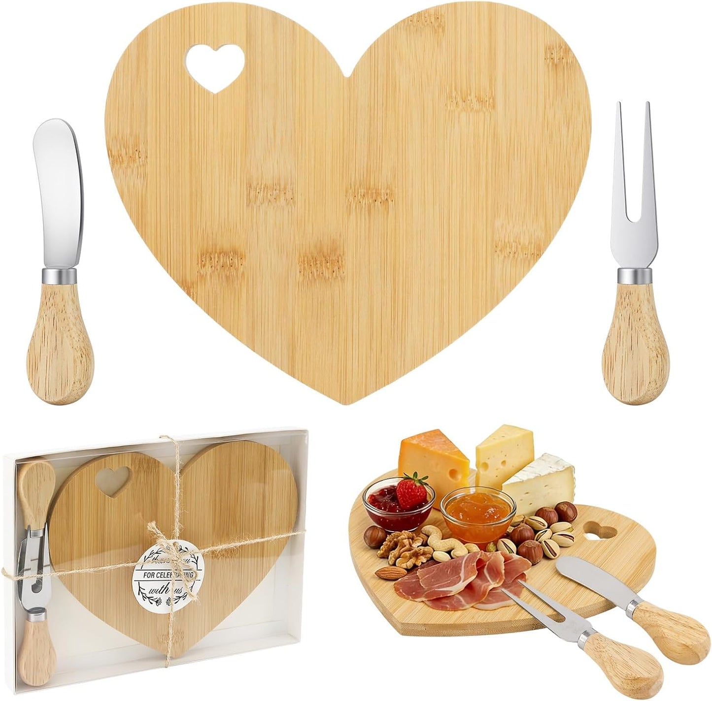 4 Set Bridal Baby Shower Favor, Heart Shape Charcuterie Board, Small Cheese Board with Knife and Fork, Small Bamboo Heart Cutting Board for Guest Bridal Baby Shower Prize Wedding Birthday Valentines