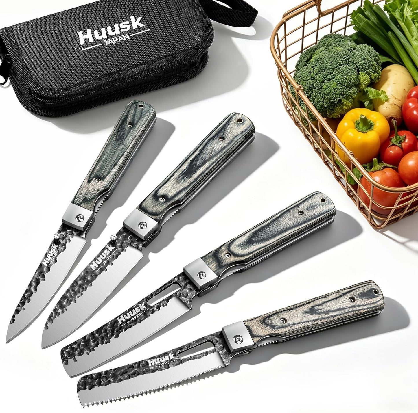 Huusk Folding Chef Knife Set - Japanese Pocket Knife Set | Including Nakiri, Santoku, Bread and Fruit Knives, Hand Forged Blade, Wooden Handle, Gift Box