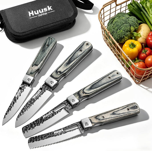 Huusk Folding Chef Knife Set - Japanese Pocket Knife Set | Including Nakiri, Santoku, Bread and Fruit Knives, Hand Forged Blade, Wooden Handle, Gift Box