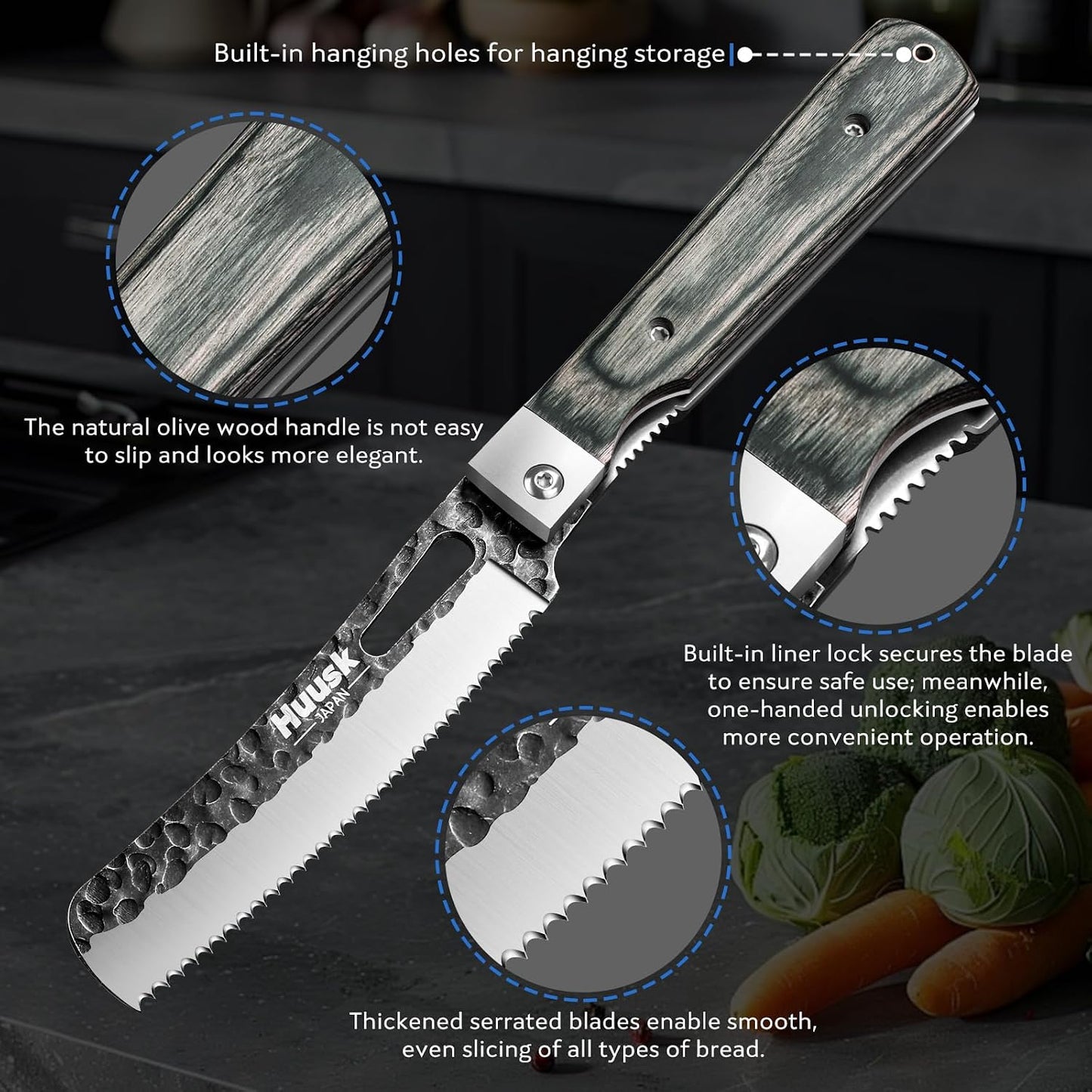 Huusk Folding Chef Knife Set - Japanese Pocket Knife Set | Including Nakiri, Santoku, Bread and Fruit Knives, Hand Forged Blade, Wooden Handle, Gift Box