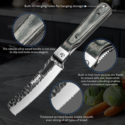 Huusk Folding Chef Knife Set - Japanese Pocket Knife Set | Including Nakiri, Santoku, Bread and Fruit Knives, Hand Forged Blade, Wooden Handle, Gift Box