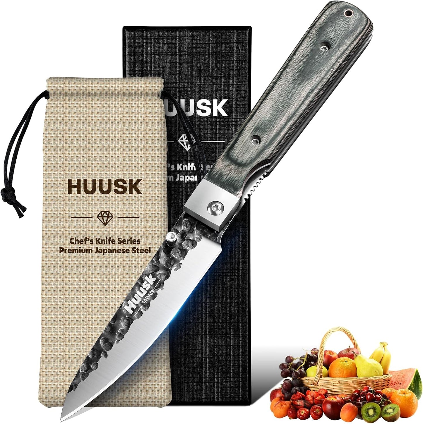Huusk Folding Chef Knife Set - Japanese Pocket Knife Set | Including Nakiri, Santoku, Bread and Fruit Knives, Hand Forged Blade, Wooden Handle, Gift Box