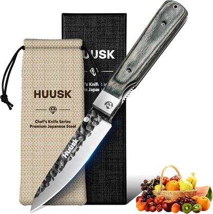Huusk Folding Chef Knife Set - Japanese Pocket Knife Set | Including Nakiri, Santoku, Bread and Fruit Knives, Hand Forged Blade, Wooden Handle, Gift Box