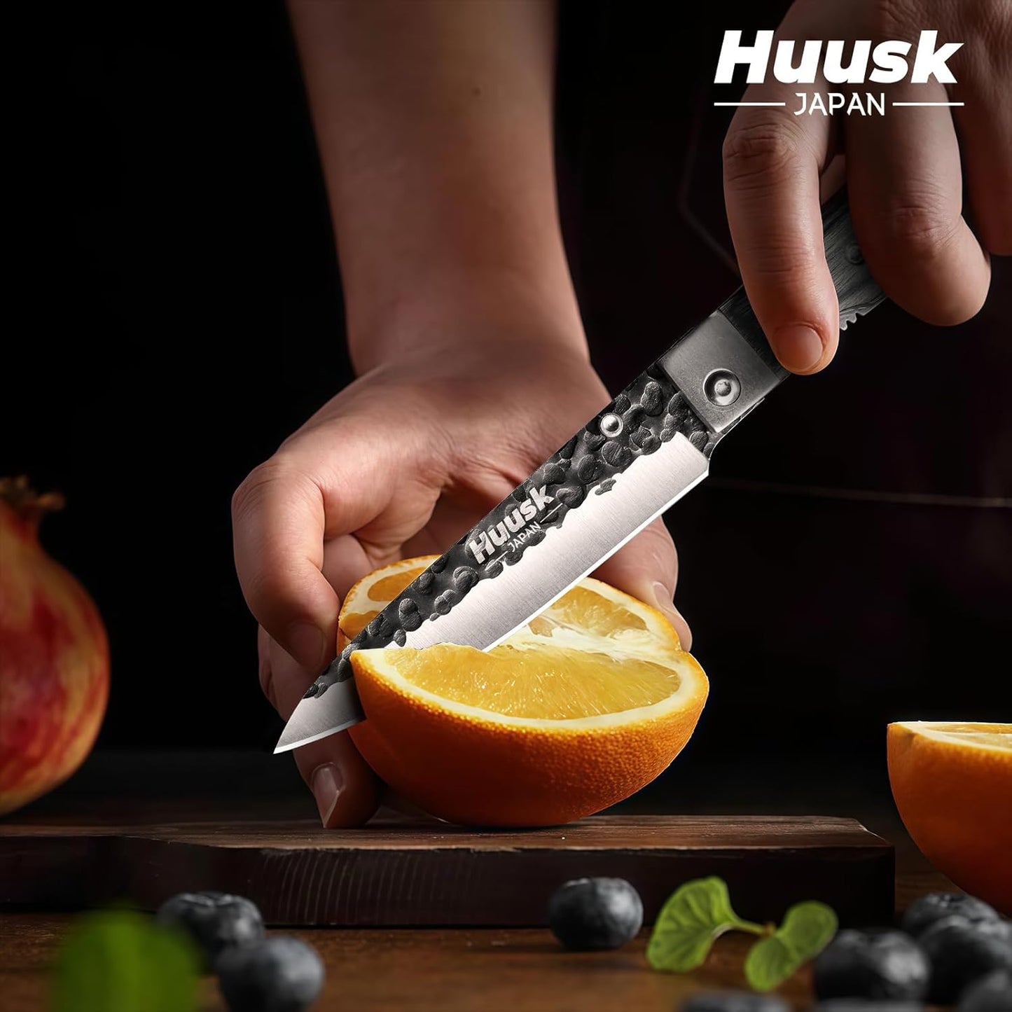 Huusk Folding Chef Knife Set - Japanese Pocket Knife Set | Including Nakiri, Santoku, Bread and Fruit Knives, Hand Forged Blade, Wooden Handle, Gift Box