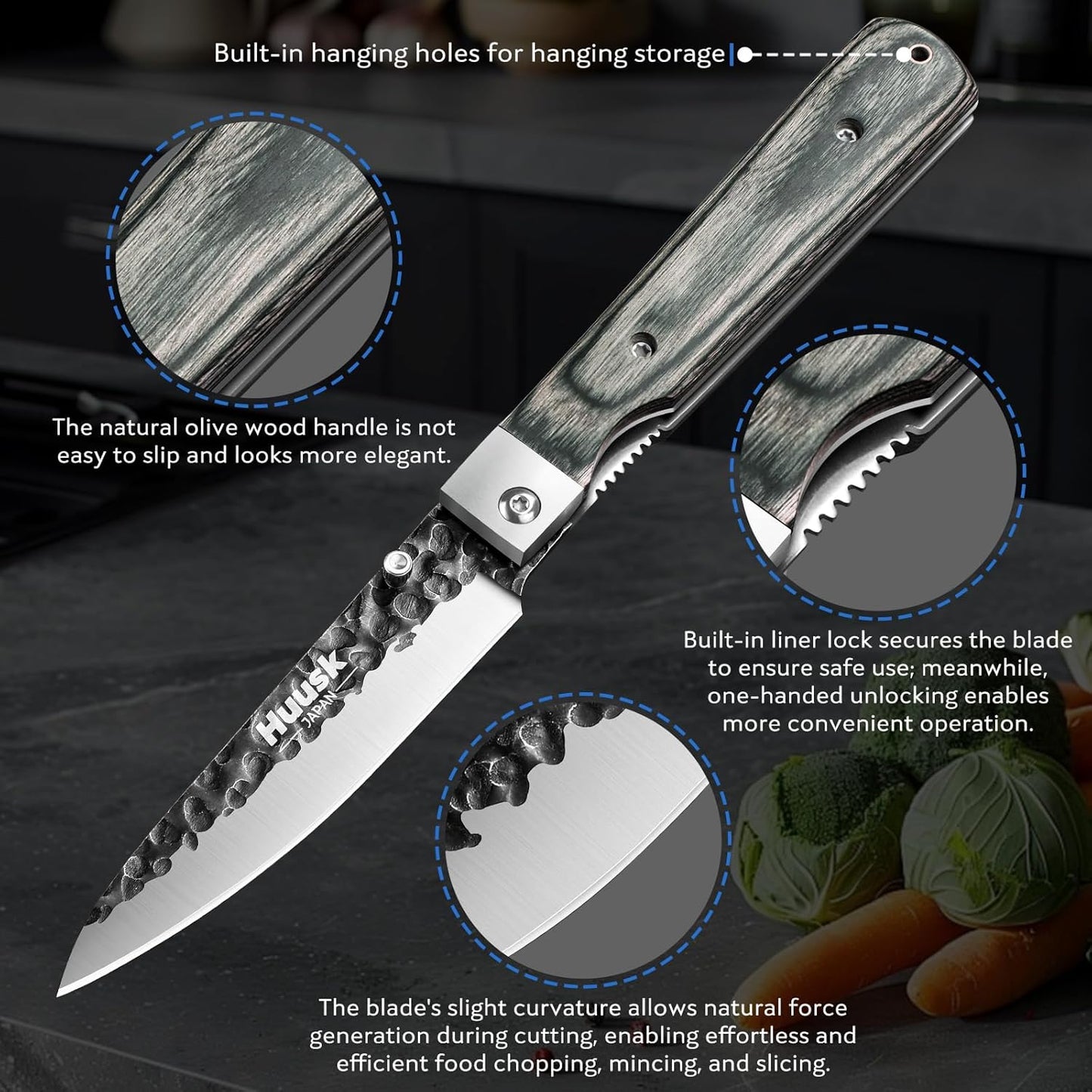 Huusk Folding Chef Knife Set - Japanese Pocket Knife Set | Including Nakiri, Santoku, Bread and Fruit Knives, Hand Forged Blade, Wooden Handle, Gift Box