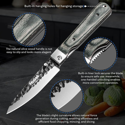 Huusk Folding Chef Knife Set - Japanese Pocket Knife Set | Including Nakiri, Santoku, Bread and Fruit Knives, Hand Forged Blade, Wooden Handle, Gift Box