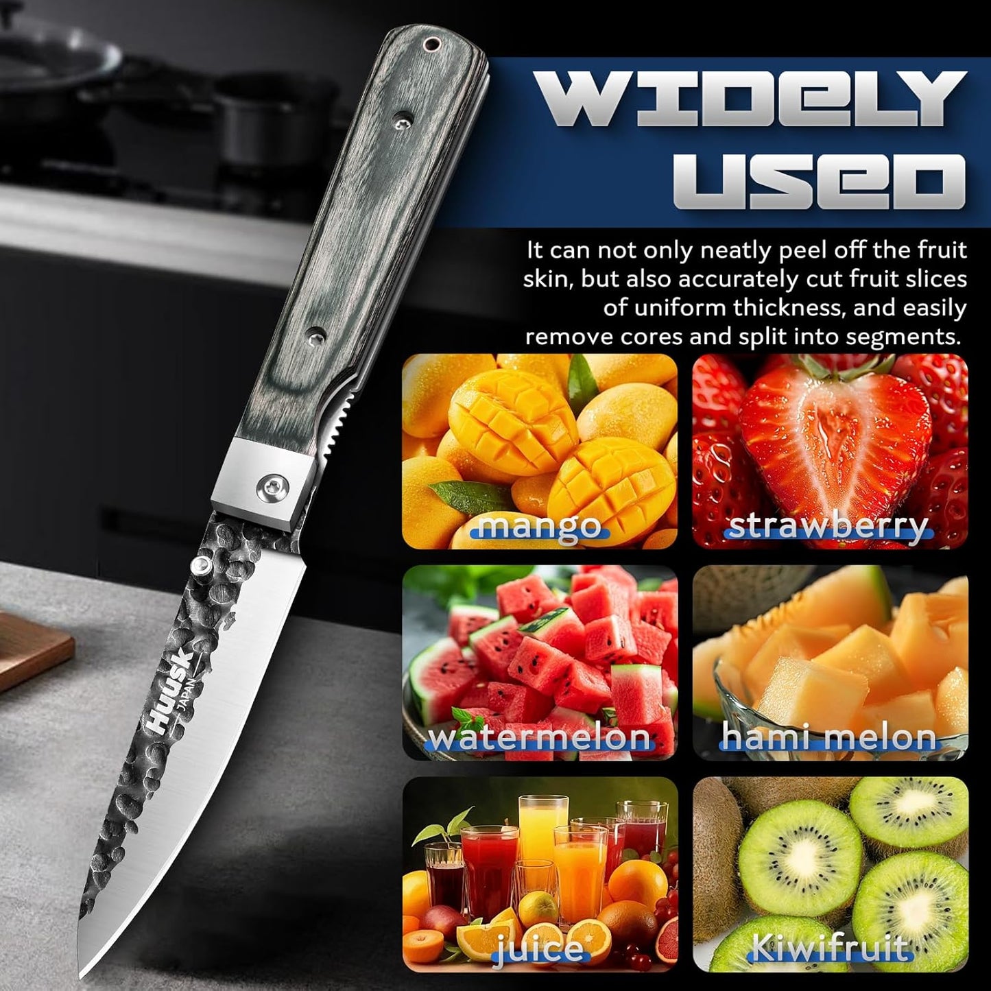 Huusk Folding Chef Knife Set - Japanese Pocket Knife Set | Including Nakiri, Santoku, Bread and Fruit Knives, Hand Forged Blade, Wooden Handle, Gift Box