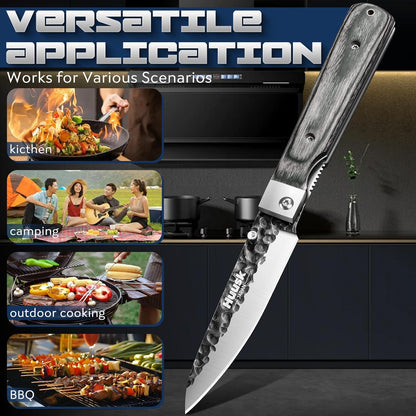 Huusk Folding Chef Knife Set - Japanese Pocket Knife Set | Including Nakiri, Santoku, Bread and Fruit Knives, Hand Forged Blade, Wooden Handle, Gift Box