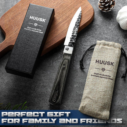 Huusk Folding Chef Knife Set - Japanese Pocket Knife Set | Including Nakiri, Santoku, Bread and Fruit Knives, Hand Forged Blade, Wooden Handle, Gift Box