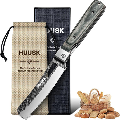 Huusk Folding Chef Knife Set - Japanese Pocket Knife Set | Including Nakiri, Santoku, Bread and Fruit Knives, Hand Forged Blade, Wooden Handle, Gift Box