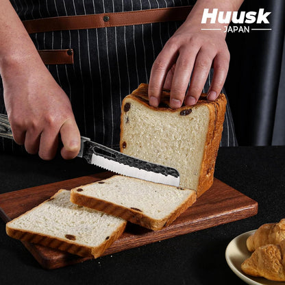 Huusk Folding Chef Knife Set - Japanese Pocket Knife Set | Including Nakiri, Santoku, Bread and Fruit Knives, Hand Forged Blade, Wooden Handle, Gift Box