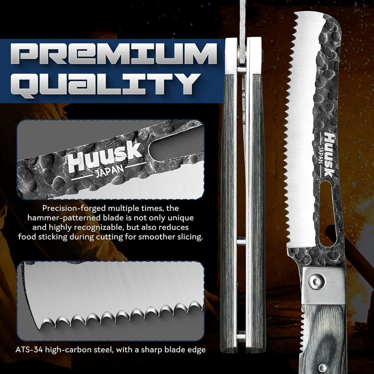 Huusk Folding Chef Knife Set - Japanese Pocket Knife Set | Including Nakiri, Santoku, Bread and Fruit Knives, Hand Forged Blade, Wooden Handle, Gift Box
