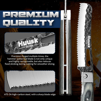 Huusk Folding Chef Knife Set - Japanese Pocket Knife Set | Including Nakiri, Santoku, Bread and Fruit Knives, Hand Forged Blade, Wooden Handle, Gift Box