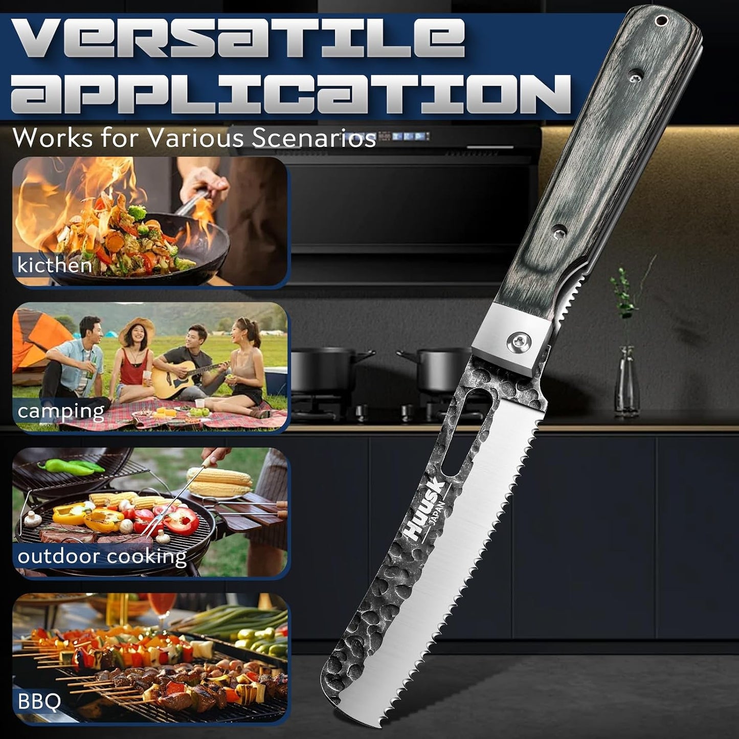 Huusk Folding Chef Knife Set - Japanese Pocket Knife Set | Including Nakiri, Santoku, Bread and Fruit Knives, Hand Forged Blade, Wooden Handle, Gift Box